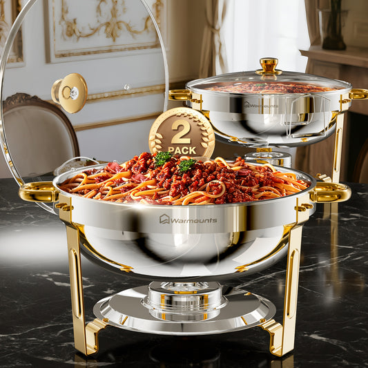 Chafing Dish – Buffetwarmer – Warmhoudschalen – Warmhoudbakken – Voedselverwarmer – 2-delig Ronde Set – 5 L Inhoud – Glasdeksel Met Houder – Roestvrij Staal 201