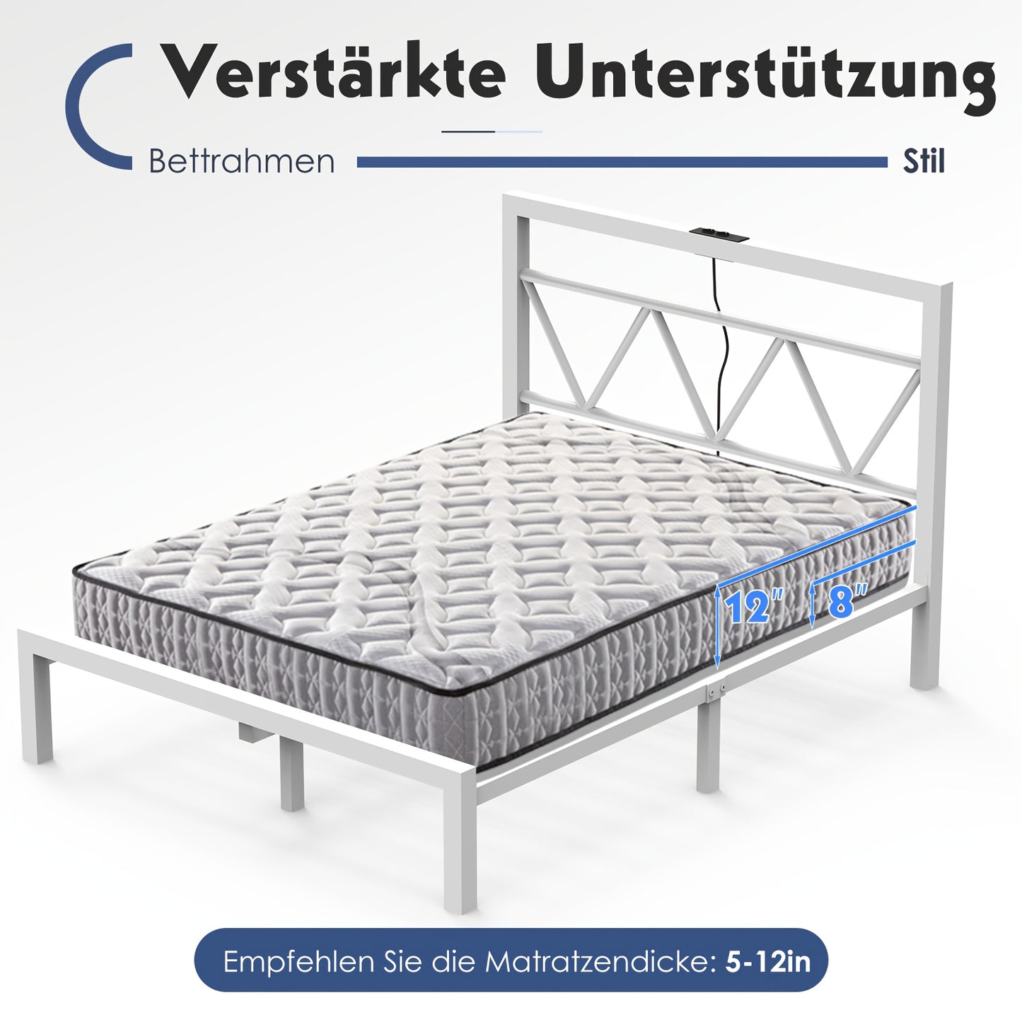 140x200 cm Eenpersoonsbed Frame met Oplaadstation – Metalen Platformbed met Hoofdeinde – Wit, Modern en Minimalistisch