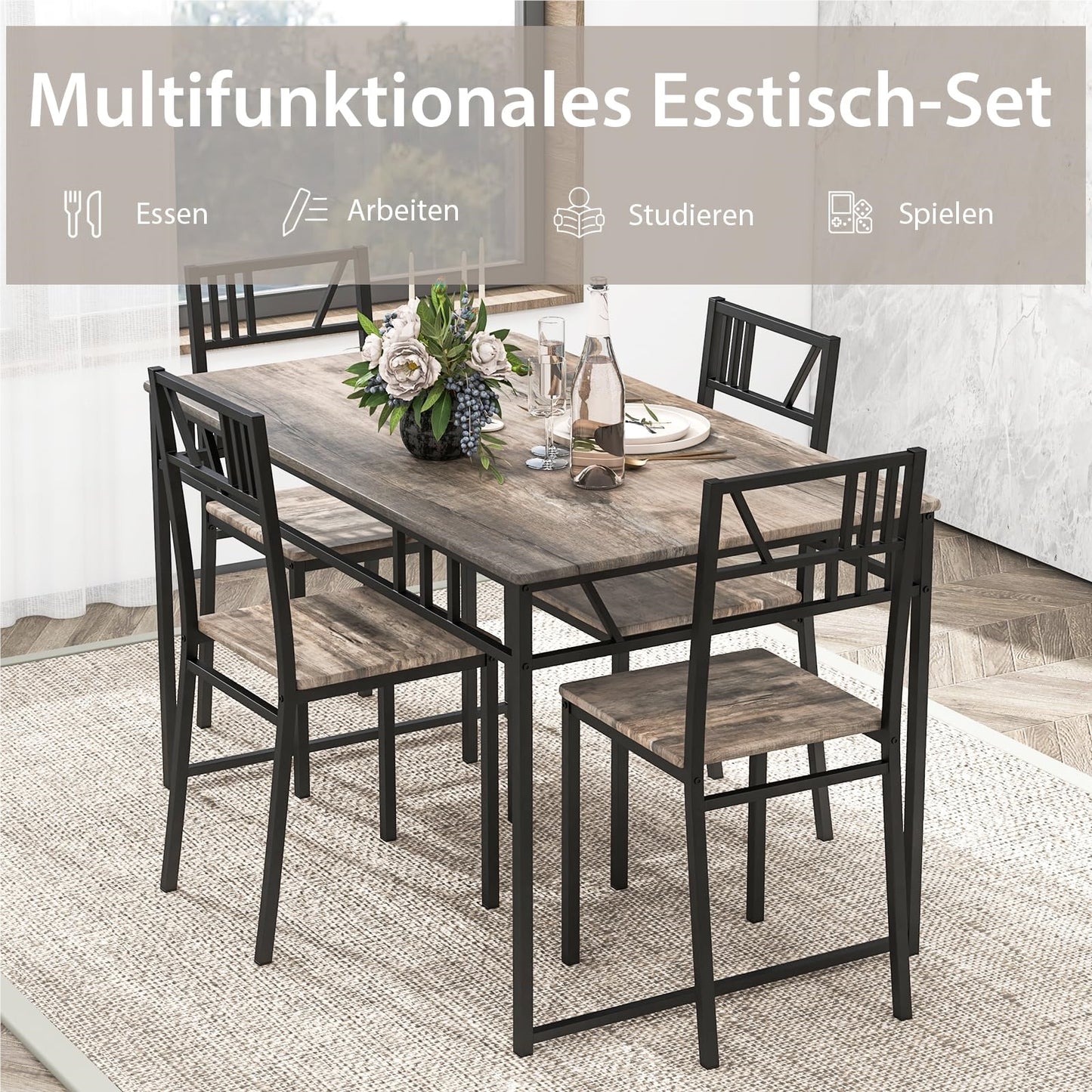 Eettafel Set – Tafel Met Stoelen – Dinerset – Keukentafel – Industriële Eettafel – Grijs – Space-Saving Design – Duurzaam MDF & Metaal
