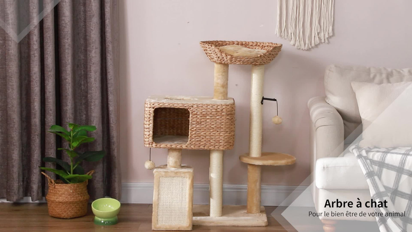 Kattenkrabpaal – Klimeiland – Speeltoren – Kattenhuis – Krabmeubel – Inclusief Hangende Pomponnen – 98 cm Hoog – Beige