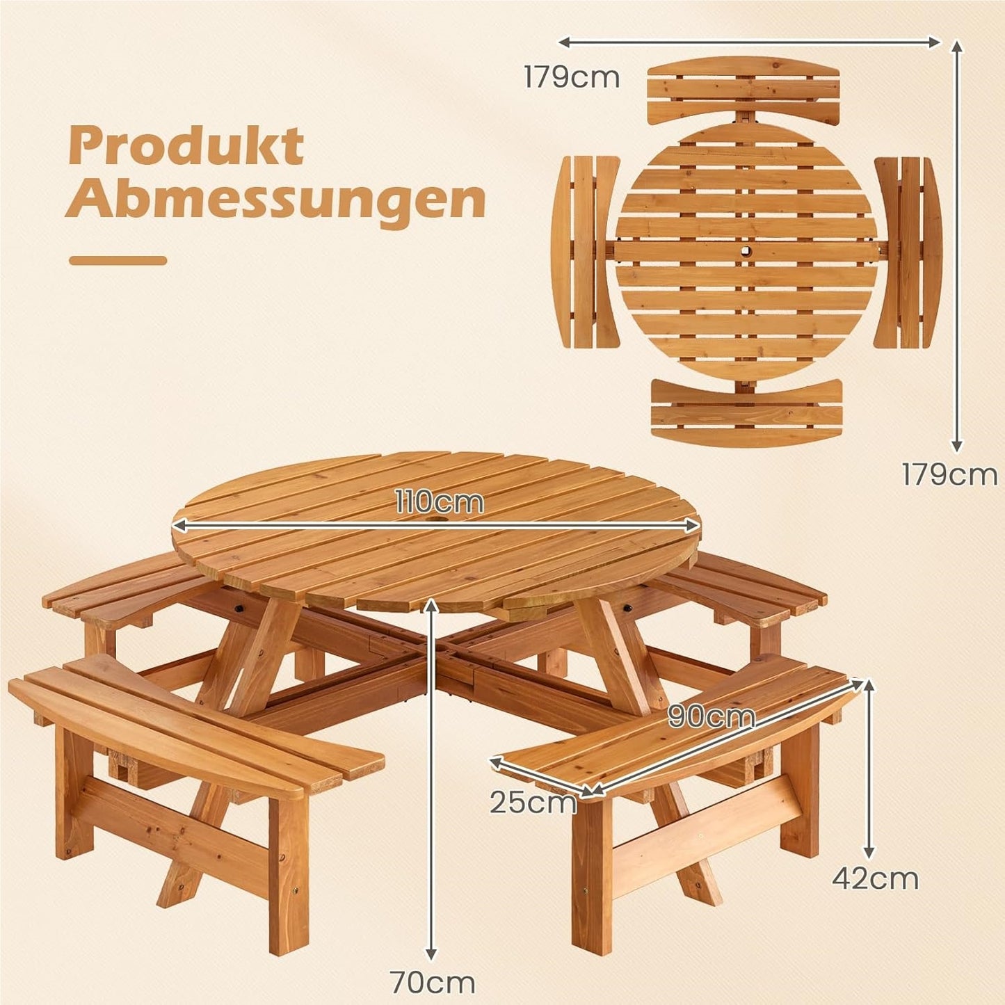 Picknicktafel – Tuintafel – Tuinmeubel – Picknickbank – Buitenmeubel – Rond 110 cm – Massief Grenenhout Met Parasolgat