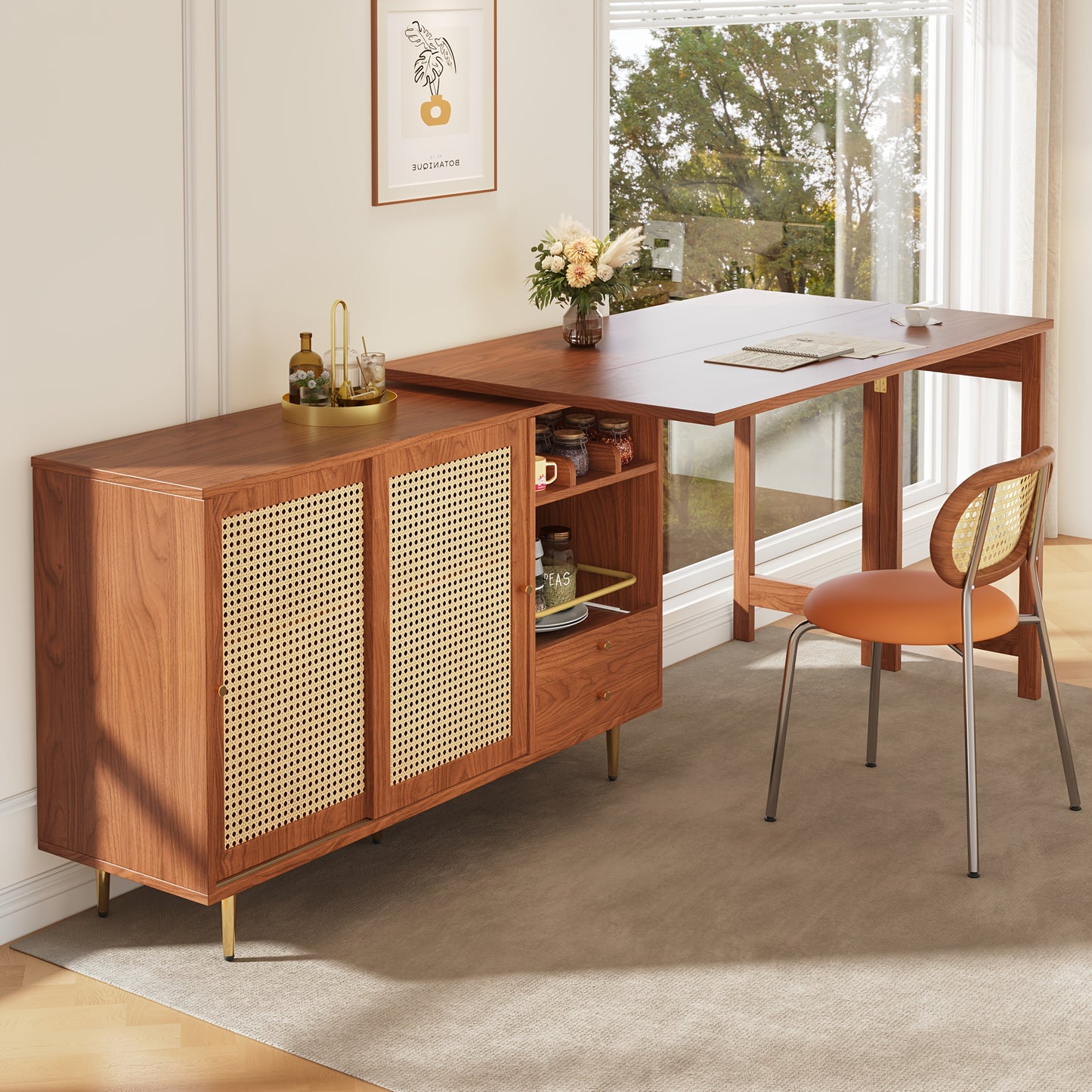 Bartafel – Bartafelset – Statafel – Keukentafel – Bistrotafel – 360° Draaibaar – Uitschuifbaar Ontwerp – Hout & MDF – Rattan Opbergruimte – Bruin – Compacte Afmetingen (107x40x71,4 cm)