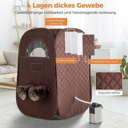 Stoomsauna – Draagbare Sauna – Sauna Tent – Stoomcabine – Mobiele Sauna – 3L Stoomgenerator – Timer & Afstandsbediening – Bruin – 89x89x149 cm