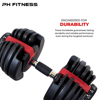 Verstelbare Dumbbell – Halter – Fitness Gewicht – Trainingsgewicht – Dumbbell Set – 15 Gewichtsniveaus 2,5-24 kg – Duurzaam Staal & Comfortabele Grip – Rood