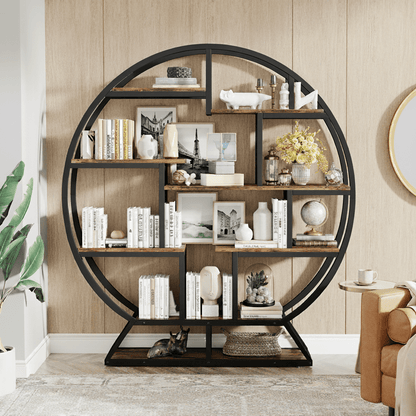 Ronde Boekenkast – Boekenplank – Boekenkast – Opbergkast – Displaykast – Rustic Brown – Ruimtebesparend Circulair Design – Stevige Houten Constructie met Zwart Metaallook