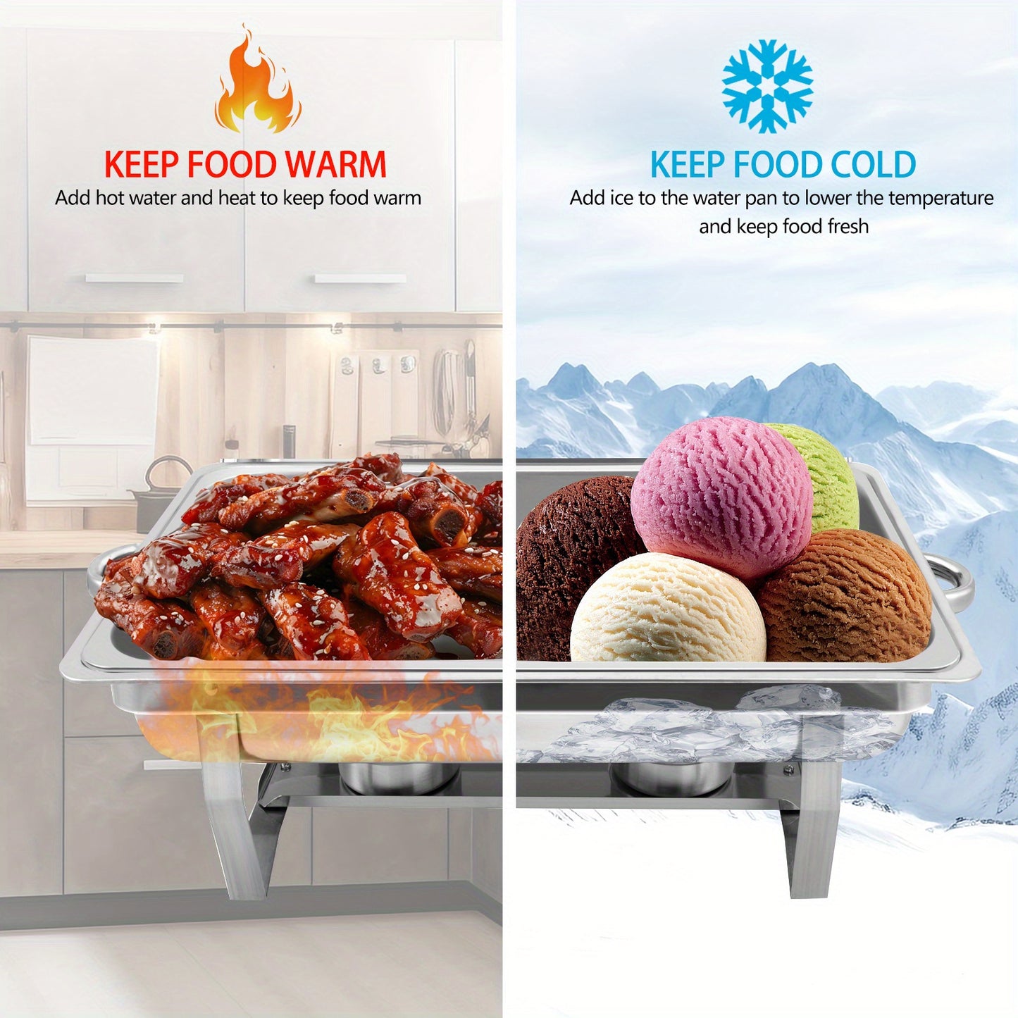 Warmhoudplaat – Buffetwarmer – Chafing Dish – Warmhoudschaal – Rechaud – 6-delig RVS Set – Roll-top Deksel – 7,5 Liter Inhoud