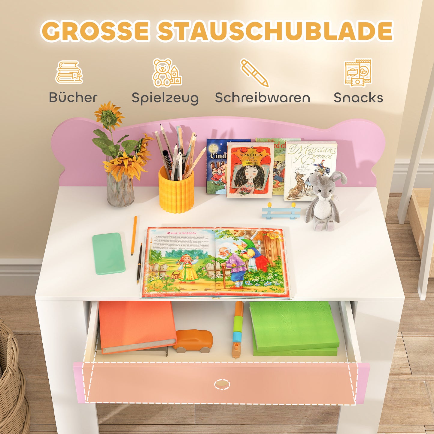 Bureau Kinderen – Kinderbureau – Schrijftafel – Speelbureau – Werkplek Kinderkamer – Inclusief Stoel – Veilig Met Lade – Beerprint Roze