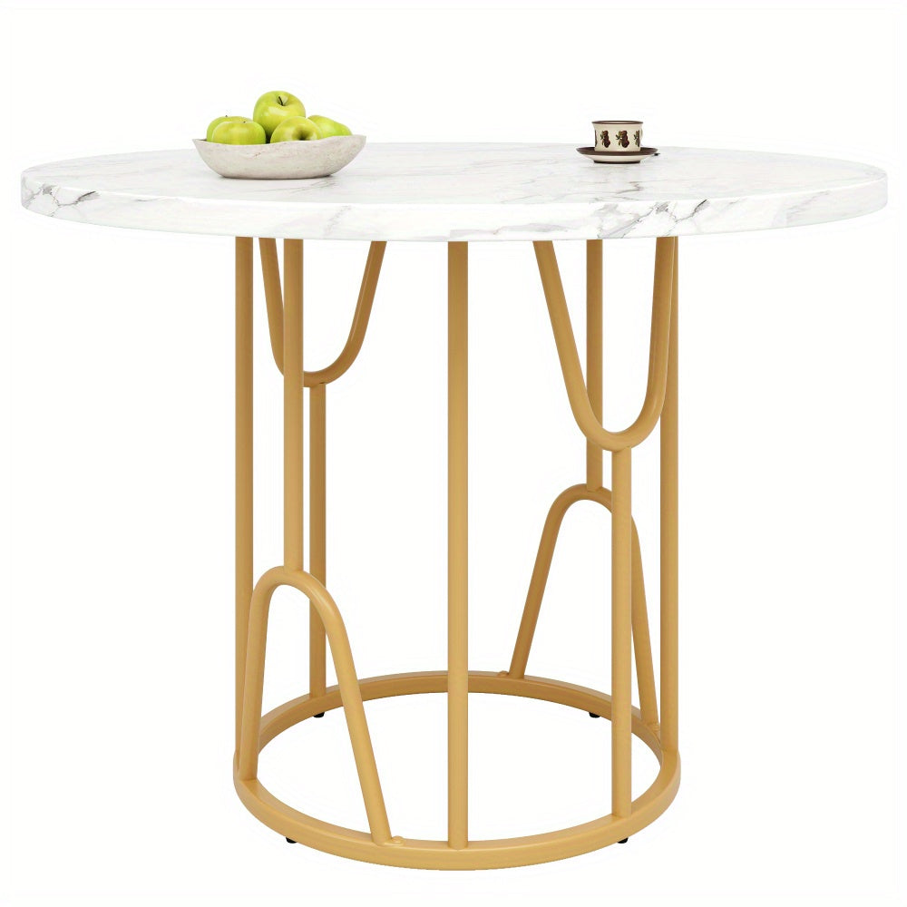Ronde Eettafel – Ronde Tafel – Eetkamertafel – Keukentafel – Tafel – MDF Marmeren Blad – Gouden Metalen Poot – 80x80x76 cm – Voor 4-6 Personen