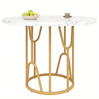 Ronde Eettafel – Ronde Tafel – Eetkamertafel – Keukentafel – Tafel – MDF Marmeren Blad – Gouden Metalen Poot – 80x80x76 cm – Voor 4-6 Personen