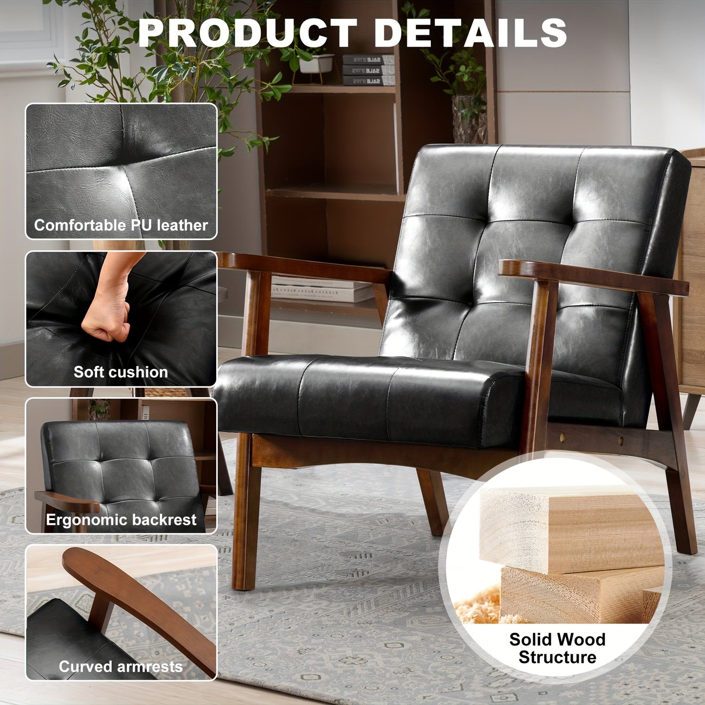 Zwarte Retro Sofa – Vintage Bank – Zitmeubel – Loveseat – Design Fauteuil – Kunstleer Bekleding – Massief Eikenhout Frame – Comfortabele Zitting