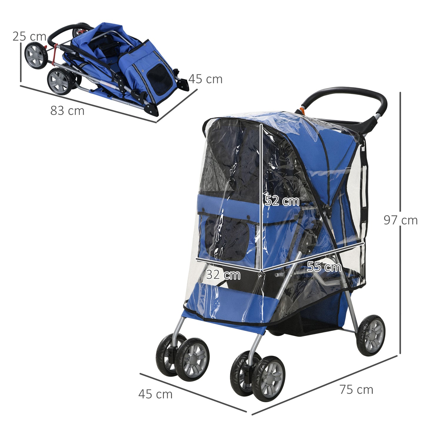 Dog Buggy Dog Cart Up to 10 Kg Foldable Rain Cover Floor Basket 2 Cup Holders 75 Cm X 45 Cm X 97 Cm, Blue