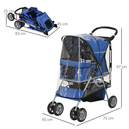 Dog Buggy Dog Cart Up to 10 Kg Foldable Rain Cover Floor Basket 2 Cup Holders 75 Cm X 45 Cm X 97 Cm, Blue