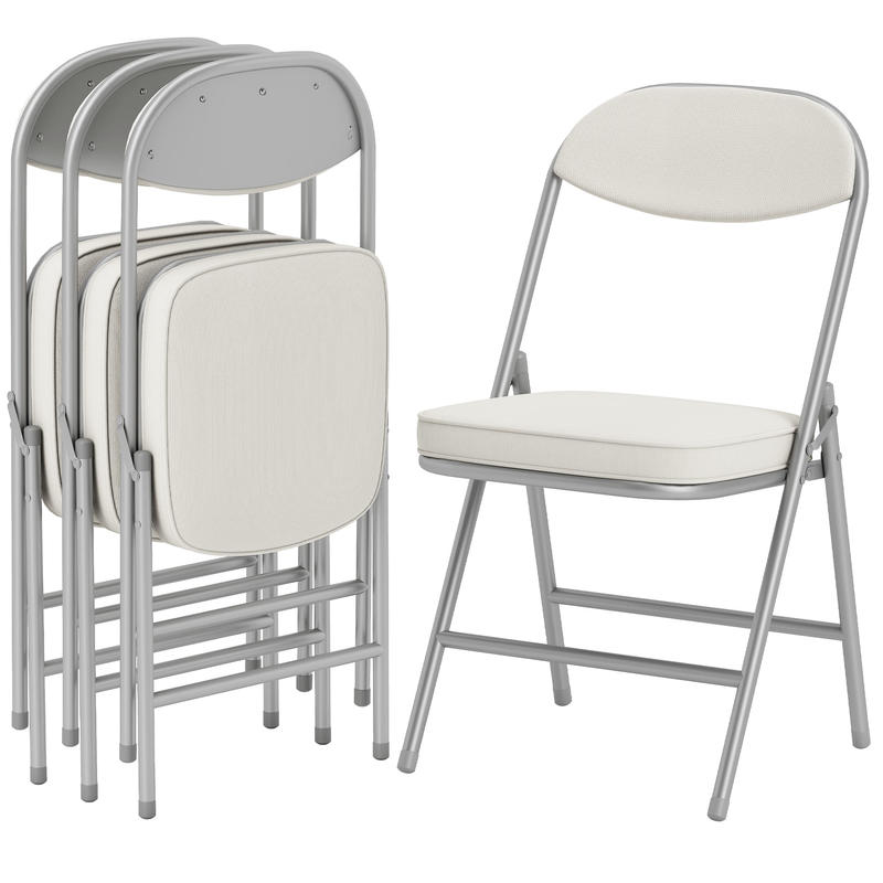 4Er-Set Gepolsterte Klappstühle, Faltbare Stühle Mit Cordbezug, Rückenlehne, Metallrahmen, Cremeweiß, Faltbarer, Tragbarer, Robuster And Bequemer Klappstuhl, Einfach Zu Verwenden Und Aufzubewahren, Geeignet Für Drinnen U