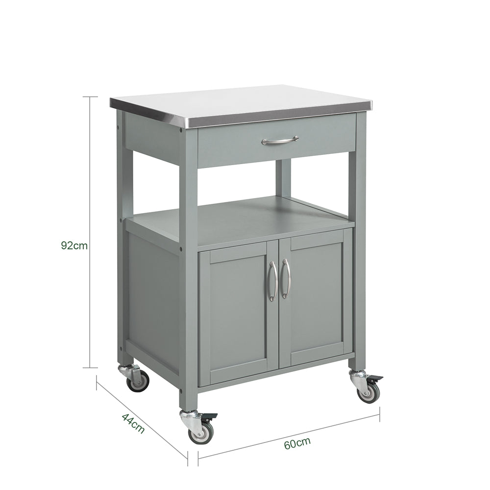 Keukentrolley – Serveerwagen – Keukenwagen – Opbergtrolley – Rolwagen – MDF Met RVS Werkblad – Compact 60x92x44 cm – Lichtgrijs
