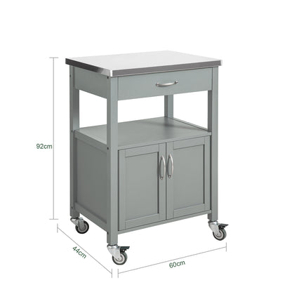 Keukentrolley – Serveerwagen – Keukenwagen – Opbergtrolley – Rolwagen – MDF Met RVS Werkblad – Compact 60x92x44 cm – Lichtgrijs