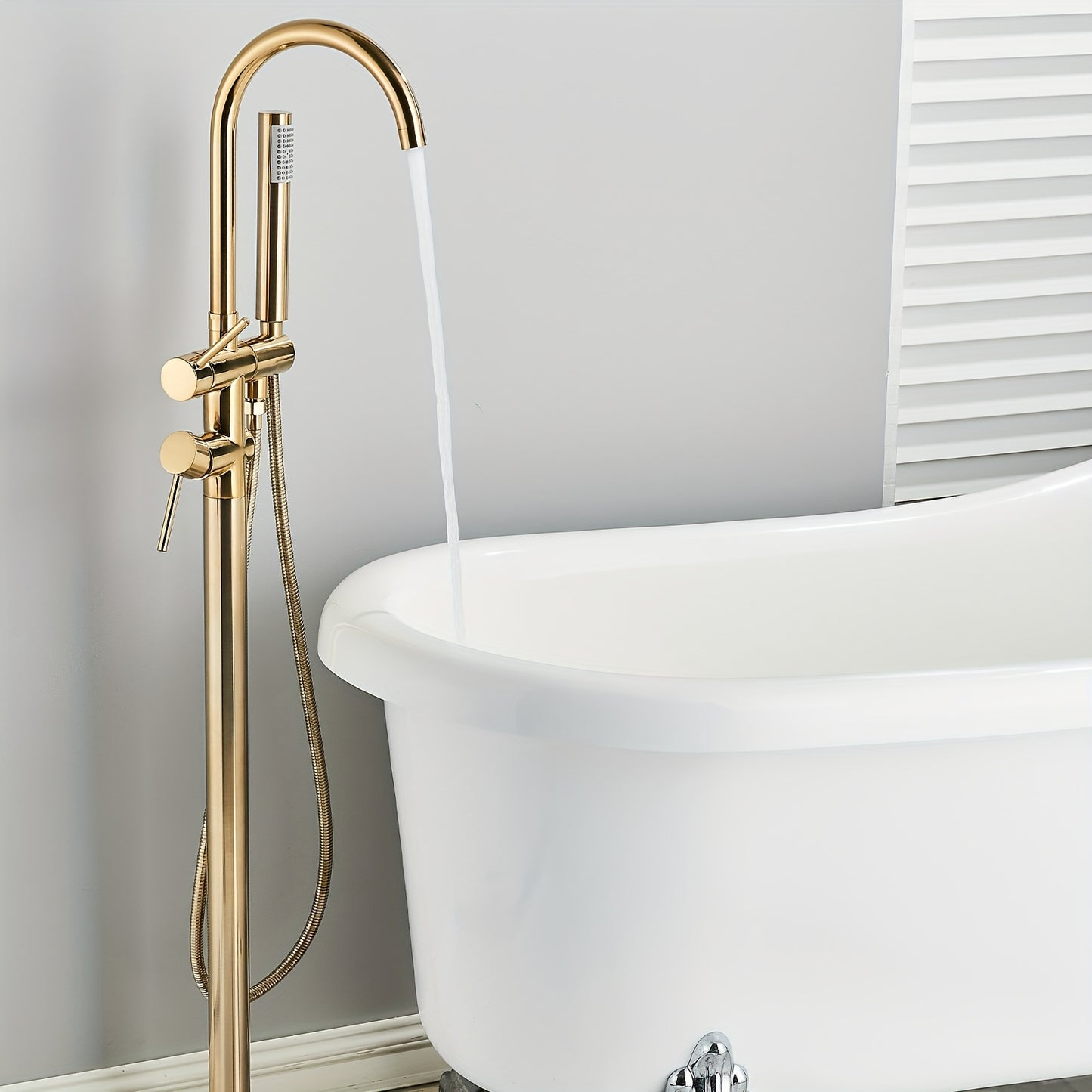 Vrijstaande Badkraan – Vloerkraan – Badmengkraan – Vloermontage Kraan – Staande Mengkraan – Geborsteld Goud – 118 cm Hoog – Keramische Valve