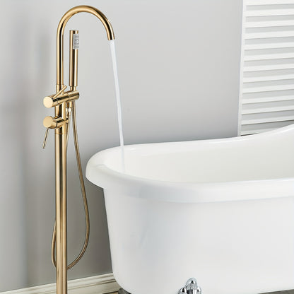 Vrijstaande Badkraan – Vloerkraan – Badmengkraan – Vloermontage Kraan – Staande Mengkraan – Geborsteld Goud – 118 cm Hoog – Keramische Valve