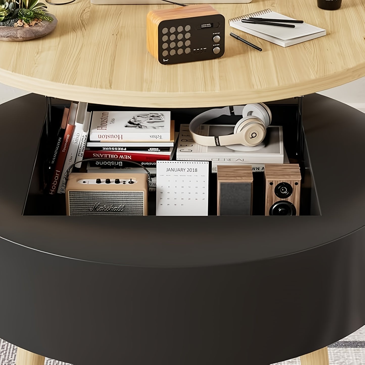 Salontafel – Woonkamertafel – Bijzettafel – Koffietafel – Rond – Verstelbaar Opklapbaar Tafelblad – Verborgen Opbergruimte – Hout en Zwart