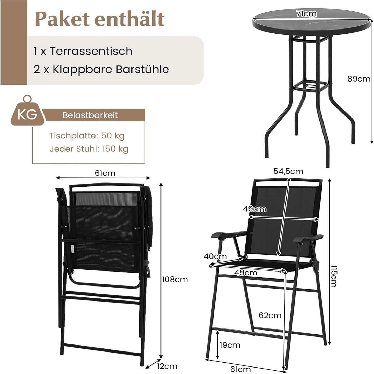 Bistro Tuinset – Balkon Meubels – Terras Set – Buiten Tafel Met Stoelen – Tuinmeubilair – Met Parasolgat – Vouwbare Stoelen – Zwart Metalen Frame – Duurzaam & Compact