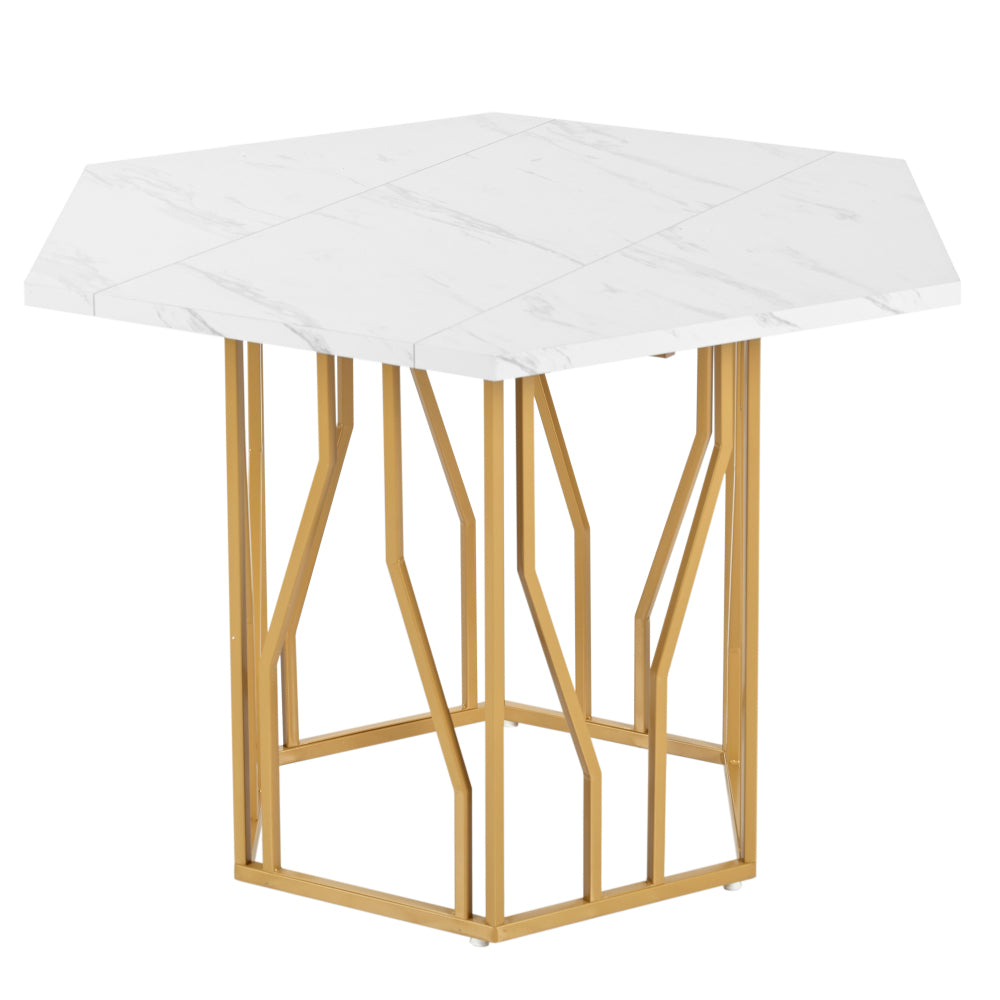 Eettafelset – Dinerset – Tafel En Stoelen – Keukentafelset – Eettafel Met Stoelen – Wit Marmeren Blad – Gouden Stalen Poten – 4 Groene Velvet Stoelen – Compact Hexagonaal Design – Duurzame MDF En Houtframe