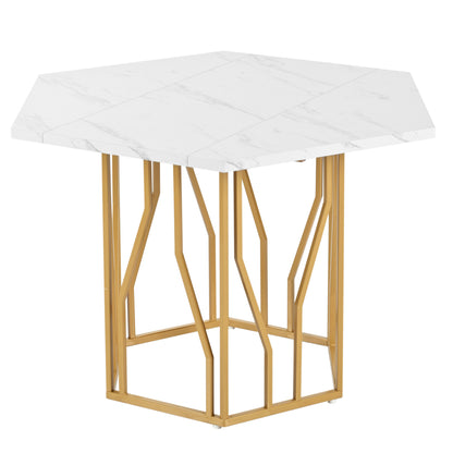 Eettafelset – Dinerset – Tafel En Stoelen – Keukentafelset – Eettafel Met Stoelen – Wit Marmeren Blad – Gouden Stalen Poten – 4 Groene Velvet Stoelen – Compact Hexagonaal Design – Duurzame MDF En Houtframe
