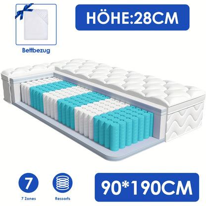 Matras – Pocketveringmatras – Tweepersoonsmatras – Eenpersoonsmatras – Ergonomisch matras – 140x200 cm – 7-zones ondersteuning – Medium stevig H3 – 22 cm hoog