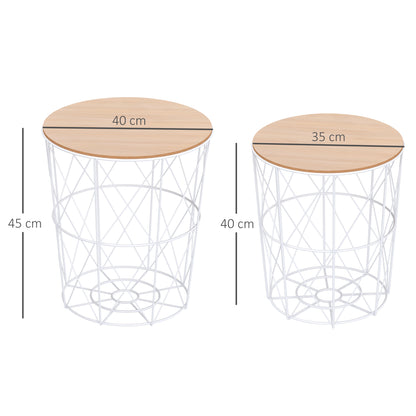Salontafelset – Bijzettafel – Koffietafel – Woonkamertafel – Ronde Tafels – Met Afneembaar Houten Blad – Stevig Wit Metalen Frame