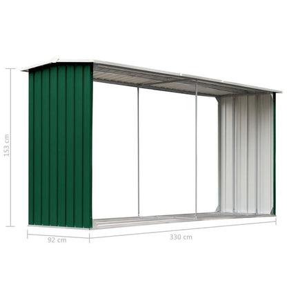 Houtopslag Schuur – Houtberging – Tuinschuur – Buitenberging – Berging Tuin – Groen – Stevige Constructie – Weerbestendig Gegalvaniseerd Staal – 330x92x153 cm