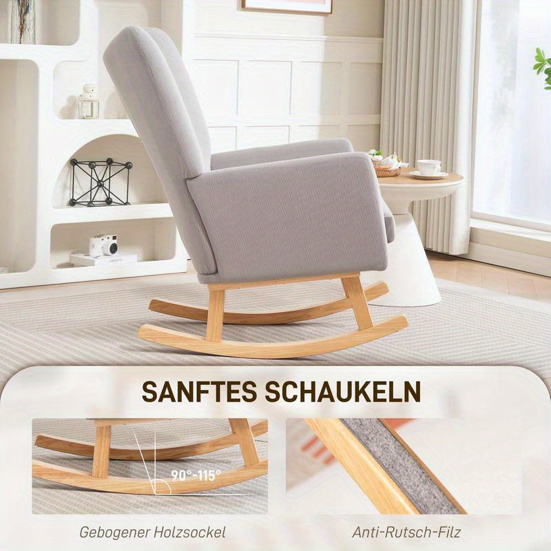 Ergonomic Rocking Chair with High Backrest & Plush Cushion - Heavy-Duty Hardwood/Metal Frame, Easy Assembly, Soft Fabric Upholstery in Neutral Tones - Indoor/Outdoor Lounge Chair for Living Room, Bedroom, Patio, Office - Dura