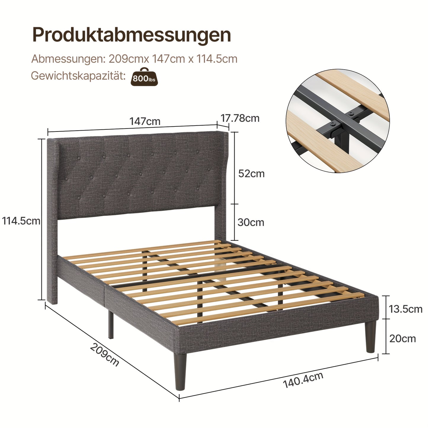 Gestoffeerd Bedframe – Bedombouw – Bedframe Met Opbergruimte – Lattenbodem Bed – Slaapbank – Donkergrijs – 20 cm Opbergruimte – Stevig Houten Lattenbodem
