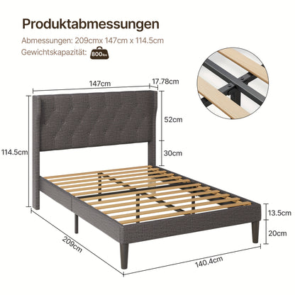 Gestoffeerd Bedframe – Bedombouw – Bedframe Met Opbergruimte – Lattenbodem Bed – Slaapbank – Donkergrijs – 20 cm Opbergruimte – Stevig Houten Lattenbodem