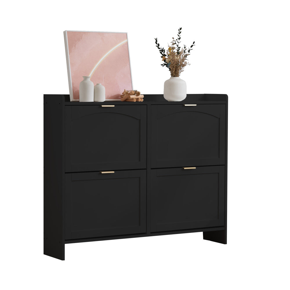 Modern Metal Shoe Cabinet with 4 Flip-Top Doors & Open Shelves - Freestanding Shoe Storage Organizer with Space-Saving Design, Sturdy Construction for Entryway, Hallway, Living Room - Black Shoe Rack with Hidden Storage Compa