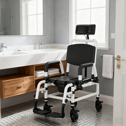 Reclining Shower Chair With Wheels, Mobile Shower Chair With Thickened Soft Seat Cushion, Backrest And Flip-up Armrests, Extra-wide Seat, 90°-140° Adjustable Tilt Bedside Commode Chair, Suitable For The Elderly And Disabled