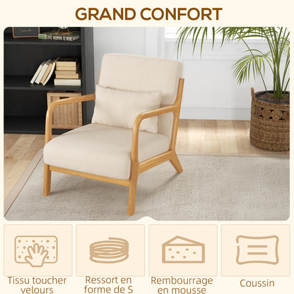 Loungestoel – Fauteuil – Relaxstoel – Woonkamerstoel – Veloursstoel – Houten Frame – Diepe Zitting – Beige Velvet