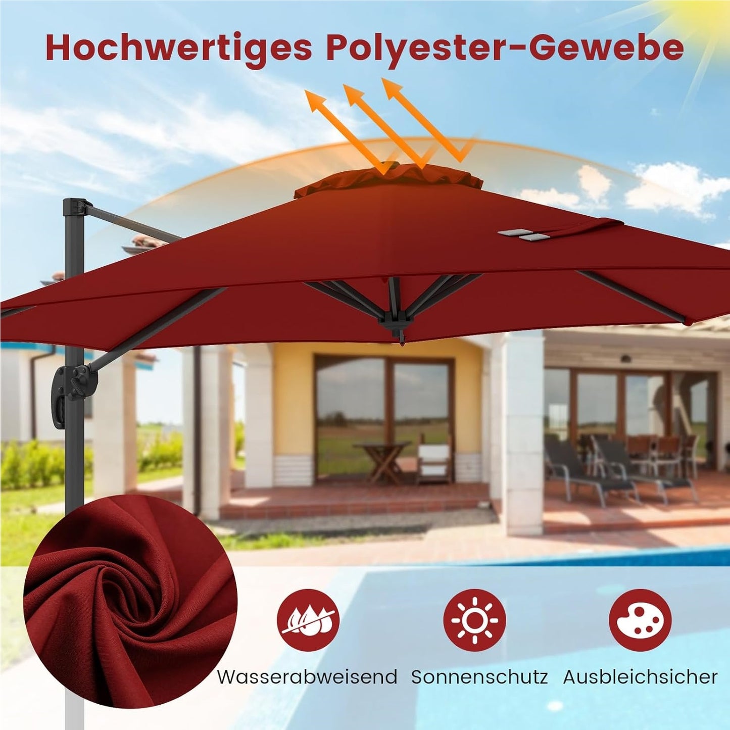Parasol – Zweefparasol – Stokparasol – Tuinparasol – Marktparasol – Ø 300 cm – Kantelbaar en 360° Draaibaar – Rood Polyester