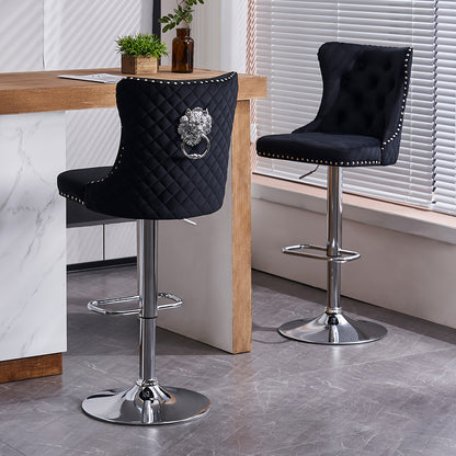 Modern Bar Stools Set Of 2, Swivel Velvet Adjustable Stools with Lion Head Pull Ring, Upholstered Kitchen Chairs with Ergonomic Backrests & Nailhead Trims, Suitable for Kitchen Island, Dining Room & Bar