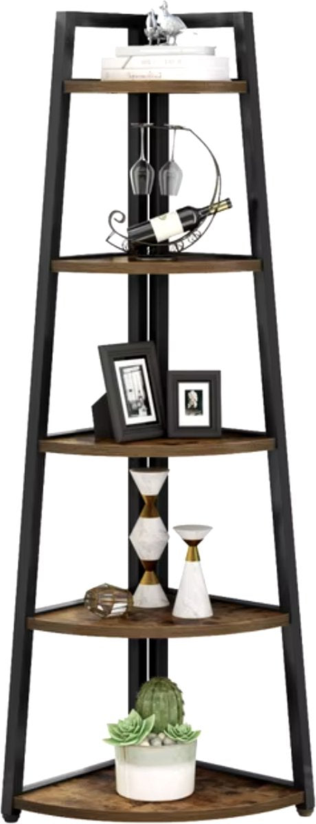 Boekenkast - Hoekkast - Kast met planken - Kwart cirkel - 5 planken - Industrieel - Hout en metaal - Bruin/Zwart