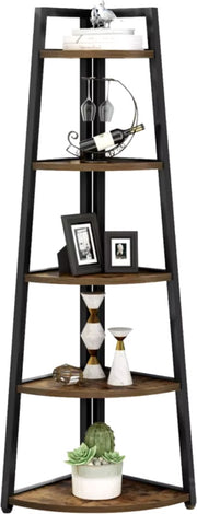 Bookcase - Corner cabinet - Cabinet with shelves - Quarter circle - 5 shelves - Industrial - Wood and metal - Brown/Black