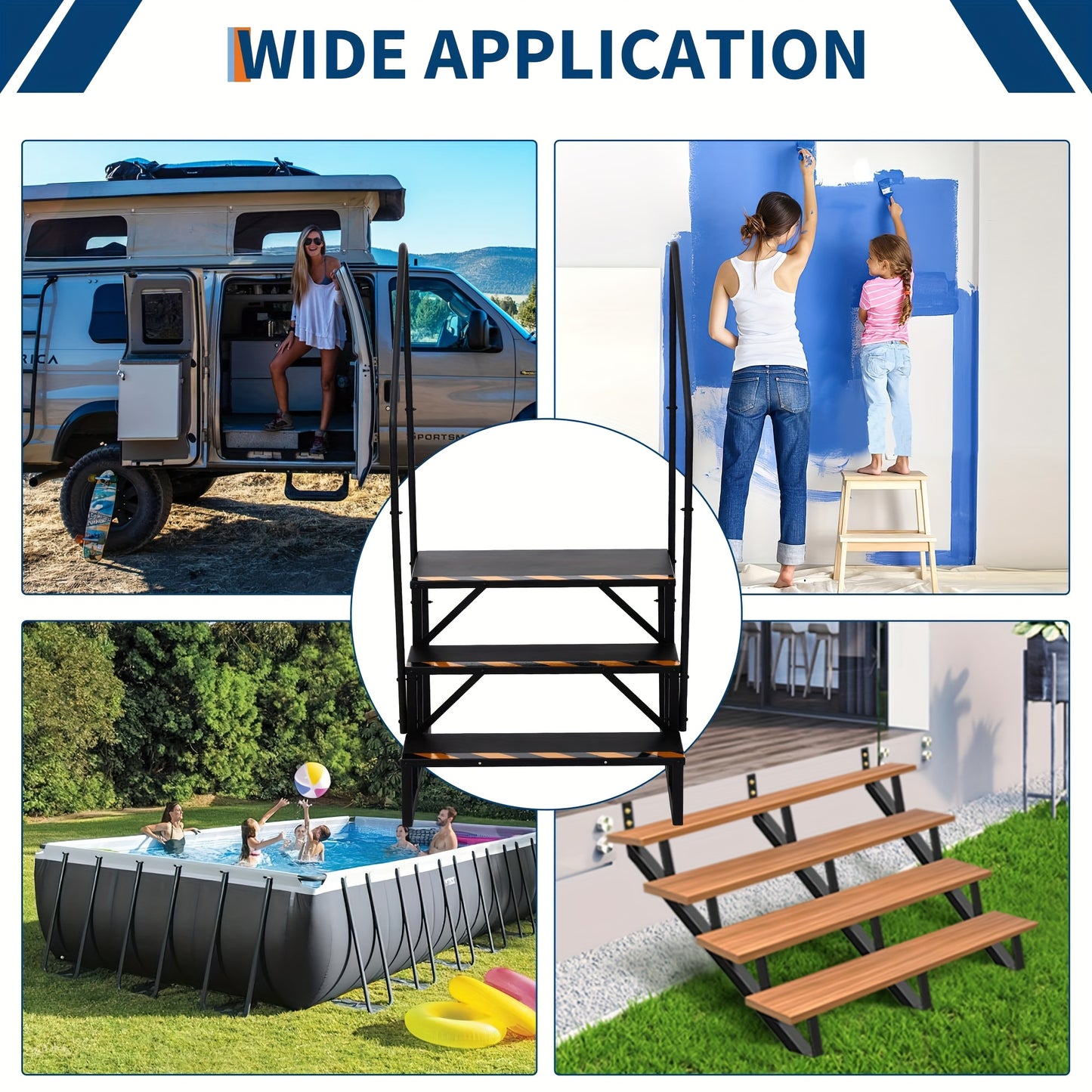 3-Step Heavy Duty RV Steps with Handrail - Non-Slip Wide Base & Sturdy A-Frame Ladder, Portable Outdoor/ Stairs for RV, Travel Trailer, Hot Tub, Pool, Trampoline - Step Ladder with Non-Slip Treads (No Power Required)