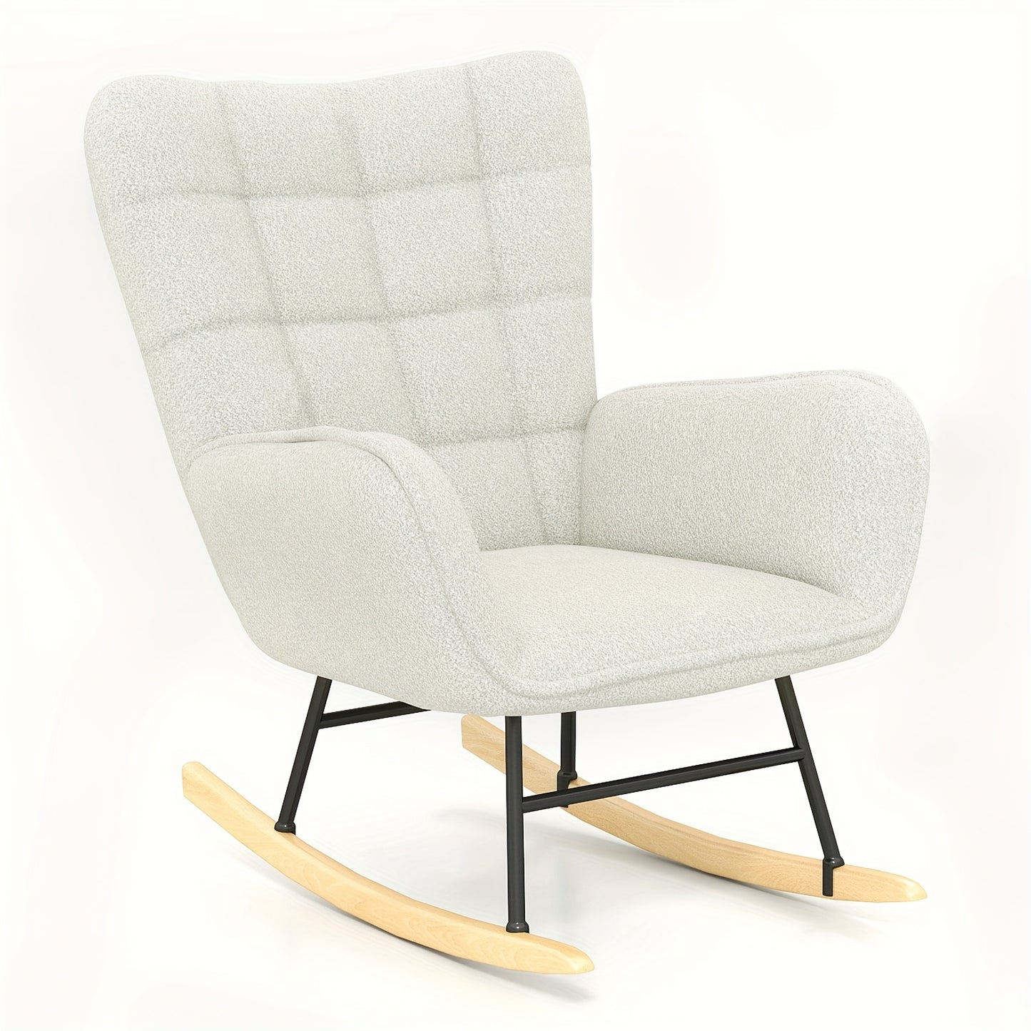 Schommelstoel – Relaxstoel – Fauteuil – Voedingsstoel – Loungestoel – Hoge Rugleuning – Teddy Fleece Bekleding – Memory Foam Zitting – Massief Houten Poten – Handmatig Schommelmechanisme – Wit