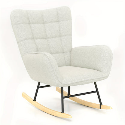 Schommelstoel – Relaxstoel – Fauteuil – Voedingsstoel – Loungestoel – Hoge Rugleuning – Teddy Fleece Bekleding – Memory Foam Zitting – Massief Houten Poten – Handmatig Schommelmechanisme – Wit