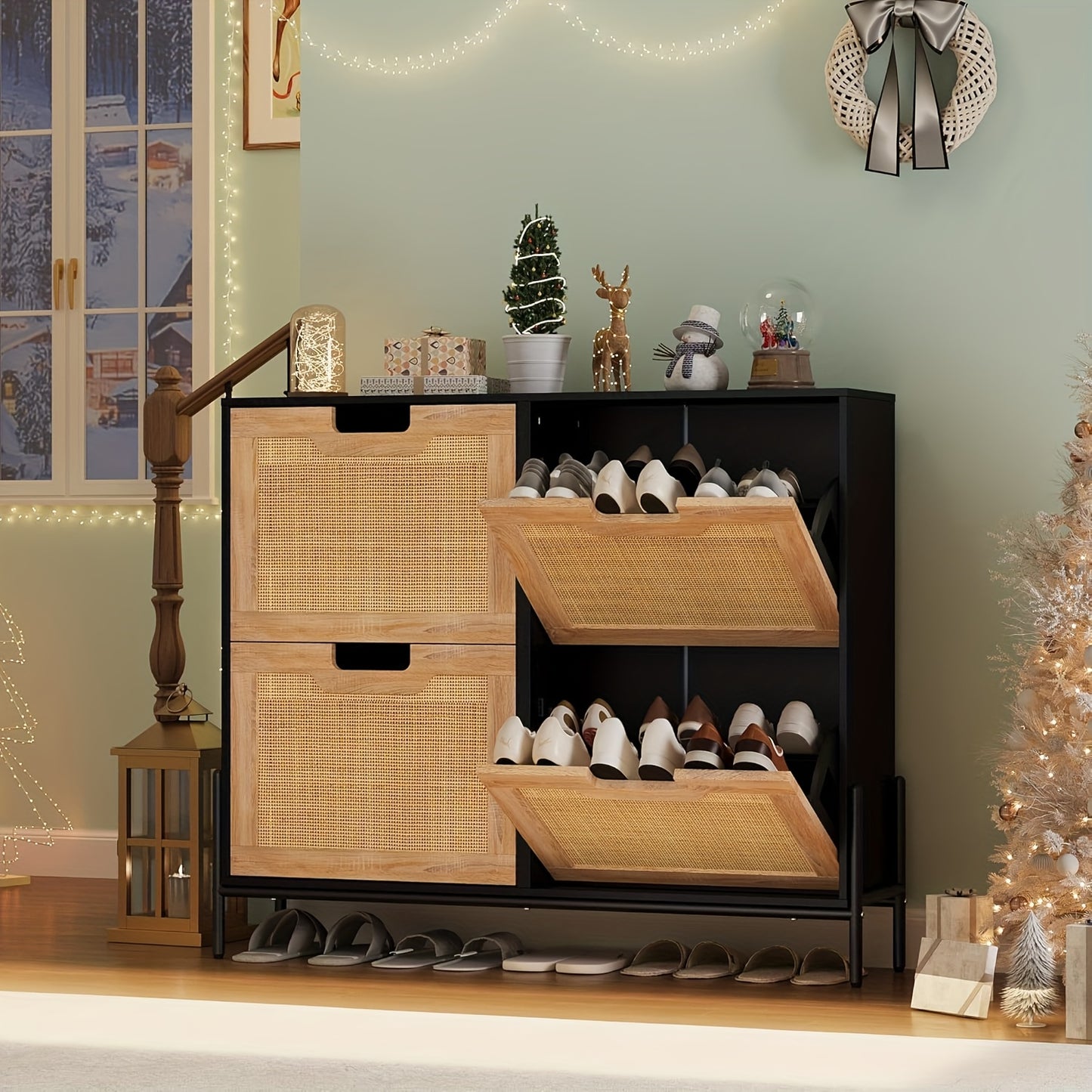 Natural Rattan Shoe Cabinet Organizer with Flip Doors - Freestanding Entryway Storage Cabinet, Large Capacity Shoe Rack with 3-Tier Adjustable Shelves, Space-Saving Modern Hallway Organizer for Living Room, Bedroom, Office -