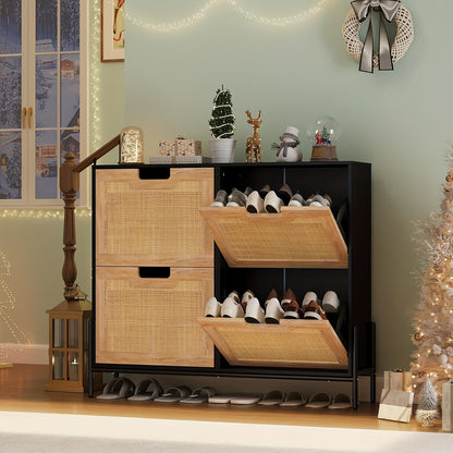 Natural Rattan Shoe Cabinet Organizer with Flip Doors - Freestanding Entryway Storage Cabinet, Large Capacity Shoe Rack with 3-Tier Adjustable Shelves, Space-Saving Modern Hallway Organizer for Living Room, Bedroom, Office -