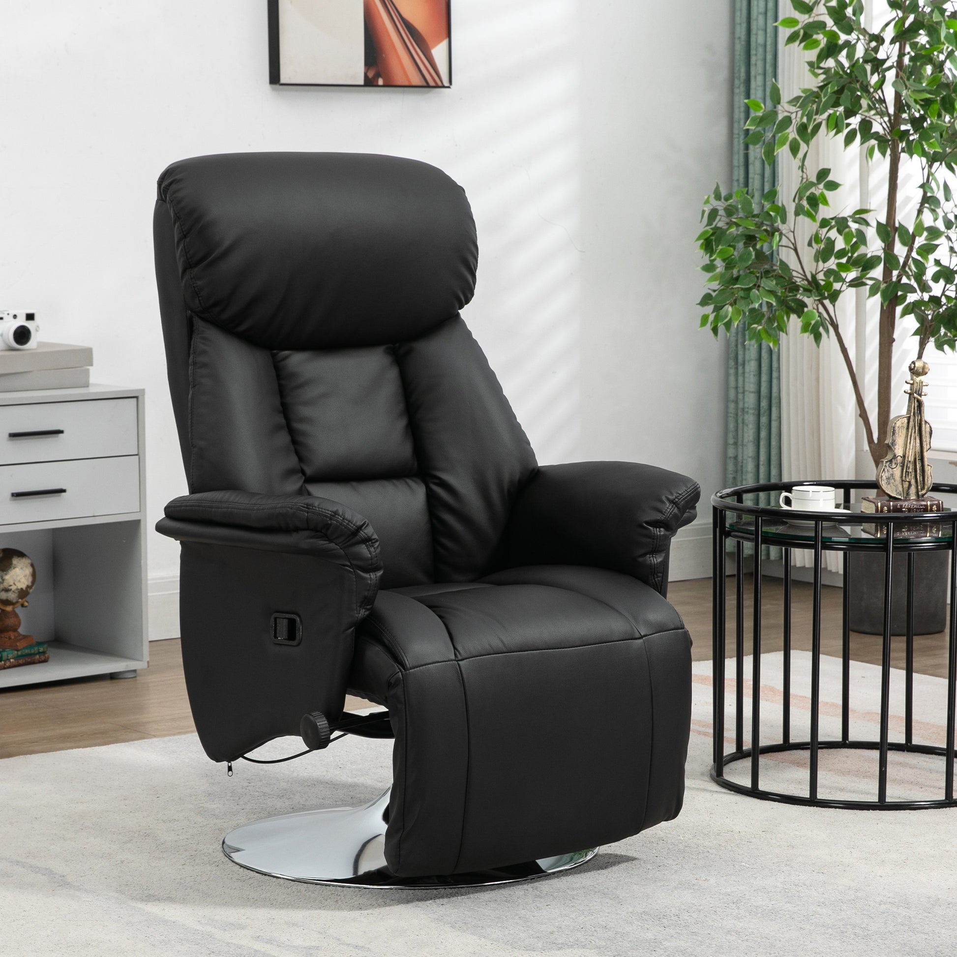 Relaxfauteuil – Relaxstoel – TV Stoel – Draaifauteuil – Zitstoel – Kunstleer – Draaibaar met Verstelbare Rugleuning – Voetensteun – Zwart – Max 150 kg - QUORE