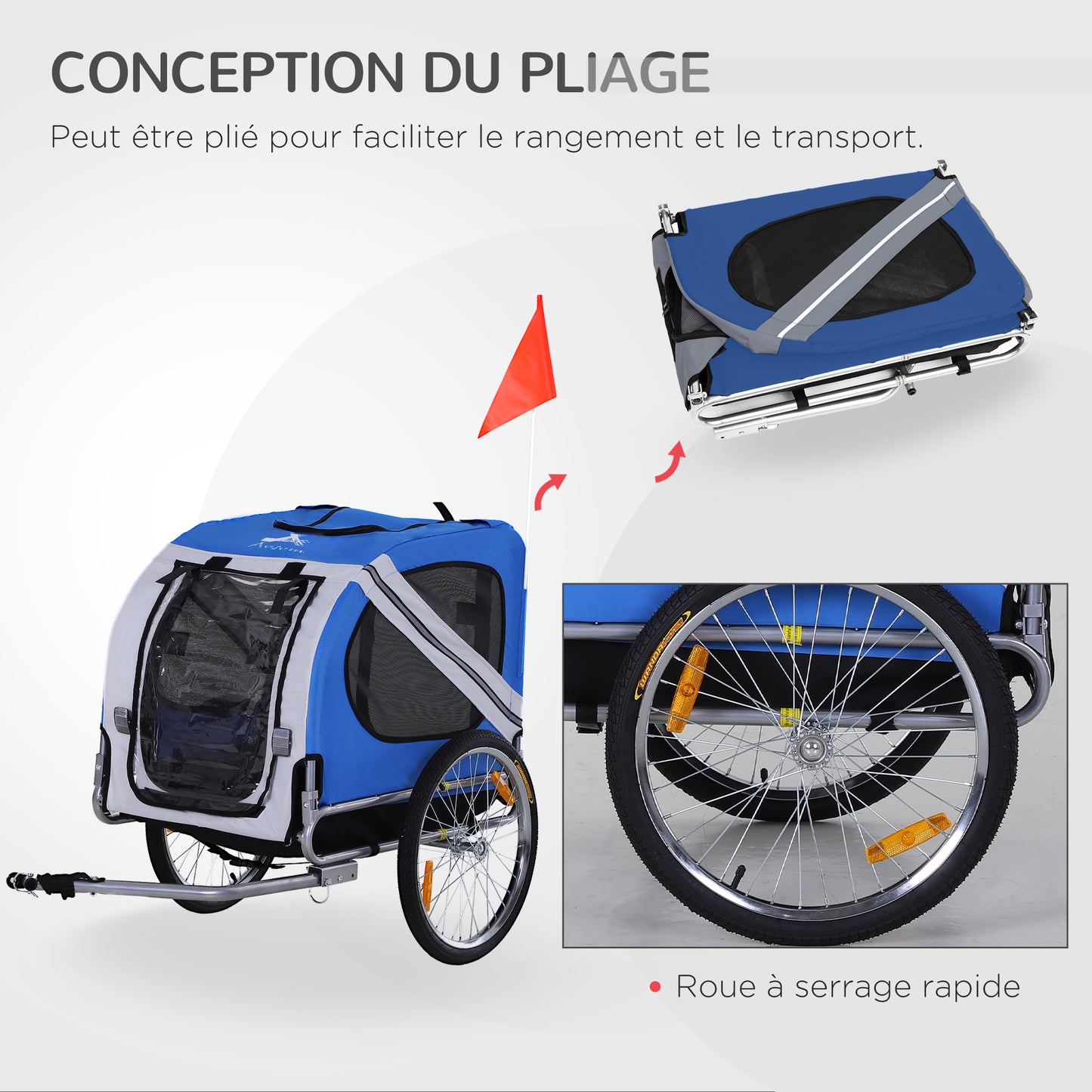 Fietskar Hond – Hondenfietskar – Hondenkar – Fietsaanhanger – Dierenkar – Stalen Frame – Waterdicht Oxford Polyester – Max 30 Kg – Wit Blauw – Met Reflectoren en Vlag
