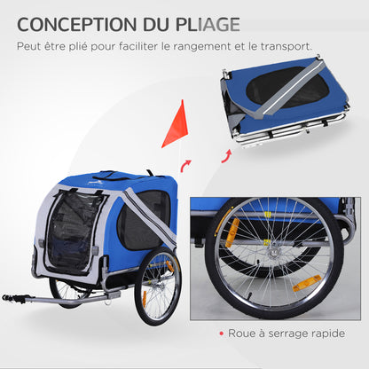 Fietskar Hond – Hondenfietskar – Hondenkar – Fietsaanhanger – Dierenkar – Stalen Frame – Waterdicht Oxford Polyester – Max 30 Kg – Wit Blauw – Met Reflectoren en Vlag