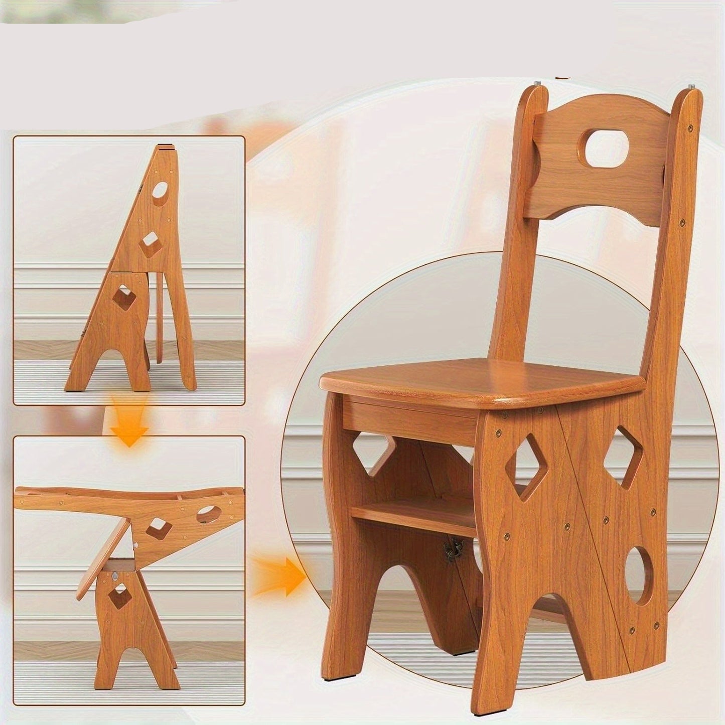 Opvouwbare 4-Traps Librarisladder – Houten Trapje – Opklapbare Ladder – Boekenkastladder – Bloemenrek – Duurzaam Hardhout – Ruimtebesparend en Multifunctioneel – Honingkleur