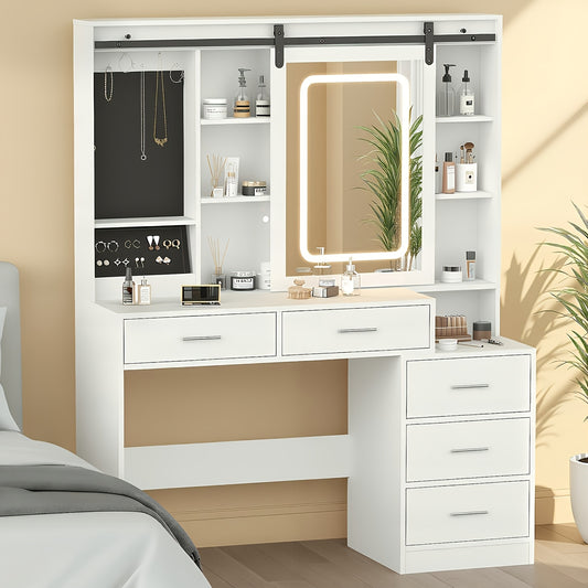 Make-up Tafel – Kaptafel – Toiletta Felt – Beauty Tafel – Make-up Bureau – LED Spiegel Met 3 Lichtstanden – 5 Lades Met Veel Opbergruimte – Wit