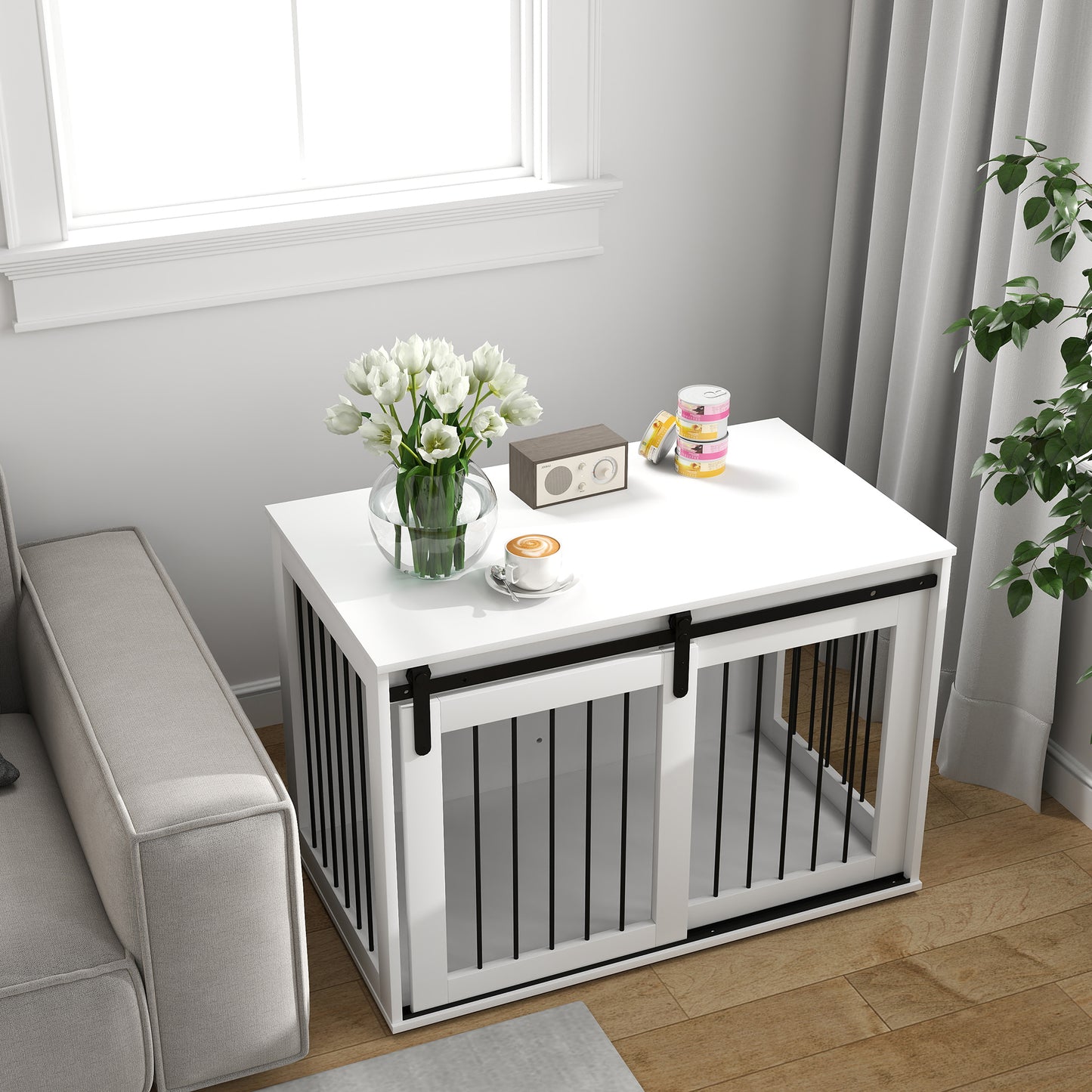 Hondenkennel – Hondenhok – Hondenkooi – Huisdierbench – Dierenverblijf – Walnootkleurig Spaanplaat En Stalen Frame – Schuifdeur Met Vergrendeling En Ventilatie Aan Drie Zijden – 98x58x61 cm