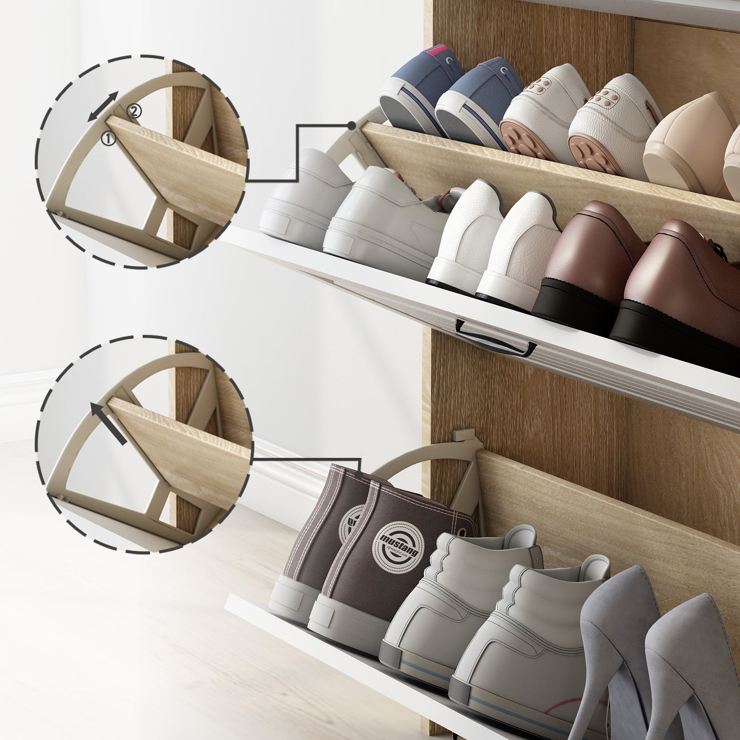 Schoenenkast – Schoenenrek – Schoenenopberger – Schoenenbank – Schoenenkast – 3 Draaibare Kleppen – 2 Lades – Wit Met Natuurlijke Houtlook – Compact 80x23,5x131 cm